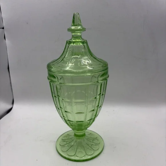 Anchor Hocking Block Optic Pattern Green Uranium Glass Footed Candy Dish & LID - Picture 4 of 13